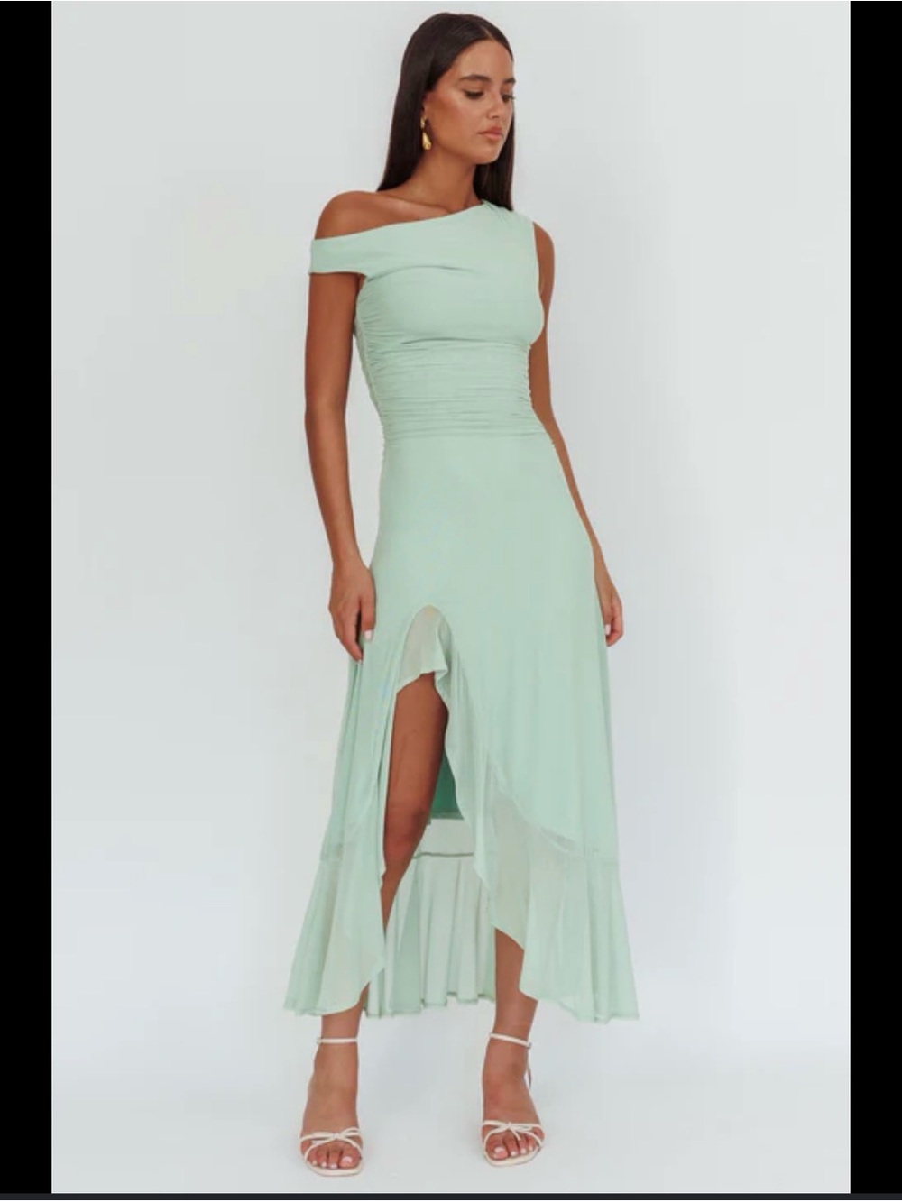 Selfie Leslie Moonlit Magic Sage One Shoulder Maxi Dress Slit Small
